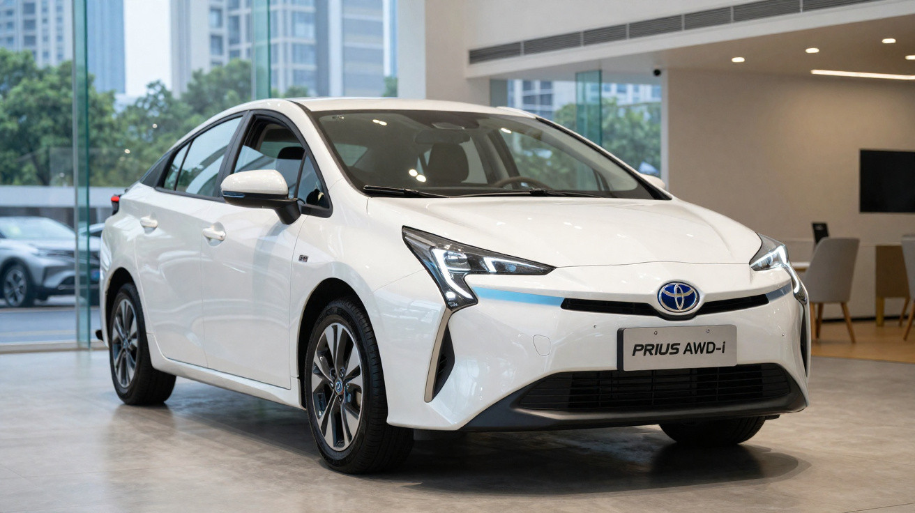 Automóvel Toyota Prius AWD-i branco estacionado numa sala de exposição moderna.