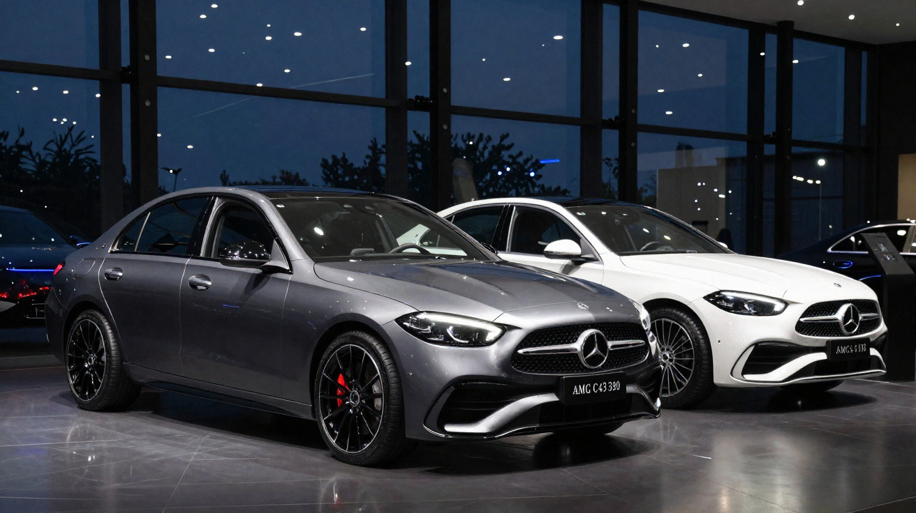 Dois carros Mercedes-Benz AMG C43 330 em exposição num showroom moderno durante a noite.