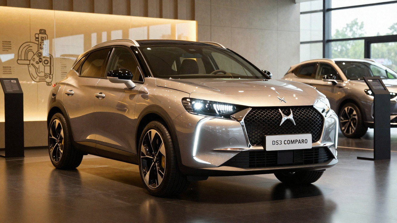Veículo DS3 Comparo cinzento exibido em salão de automóveis moderno com iluminação ambiente.