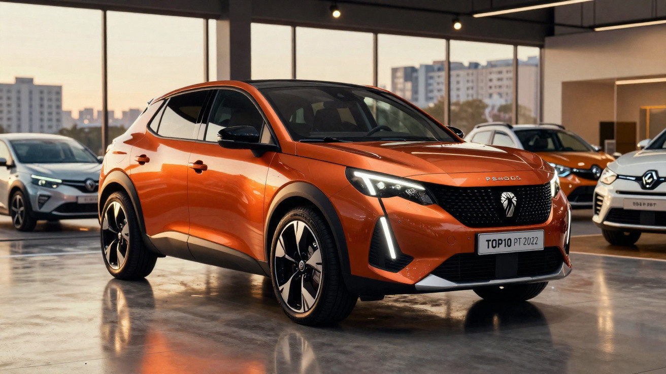 Carro SUV compacto laranja Peugeot 209 em exposição numa garagem moderna com outros veículos ao fundo.