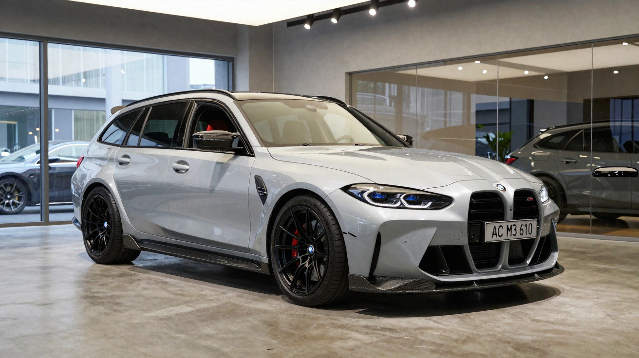 Carro BMW M3 Touring cinzento claro com jantes pretas, estacionado dentro de uma garagem moderna com chão polido.