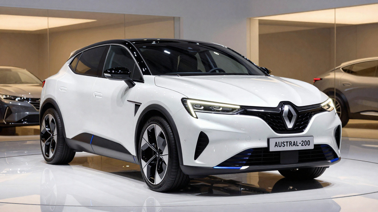 Renault Austral 200 branco com teto preto exposto em showroom moderno e iluminação LED.