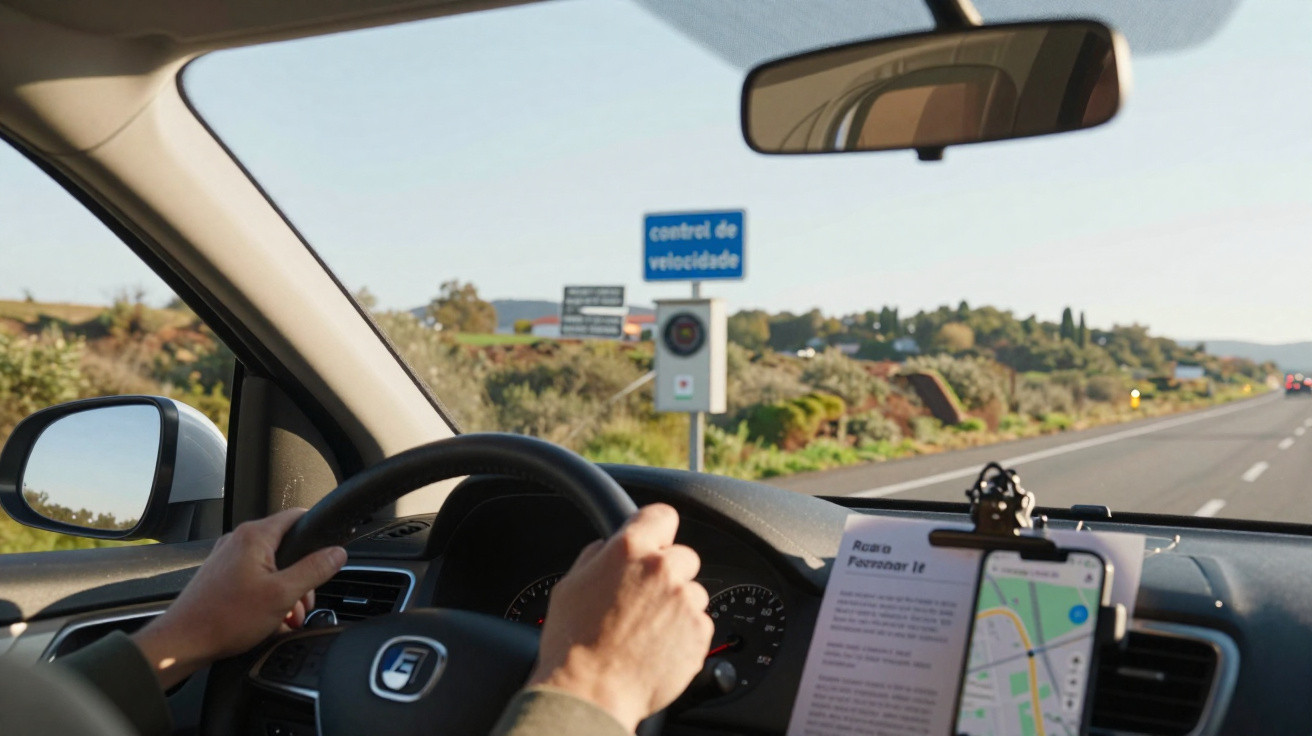 Pessoa a conduzir um carro numa estrada com sinal de controlo de velocidade visível e GPS no tablier.