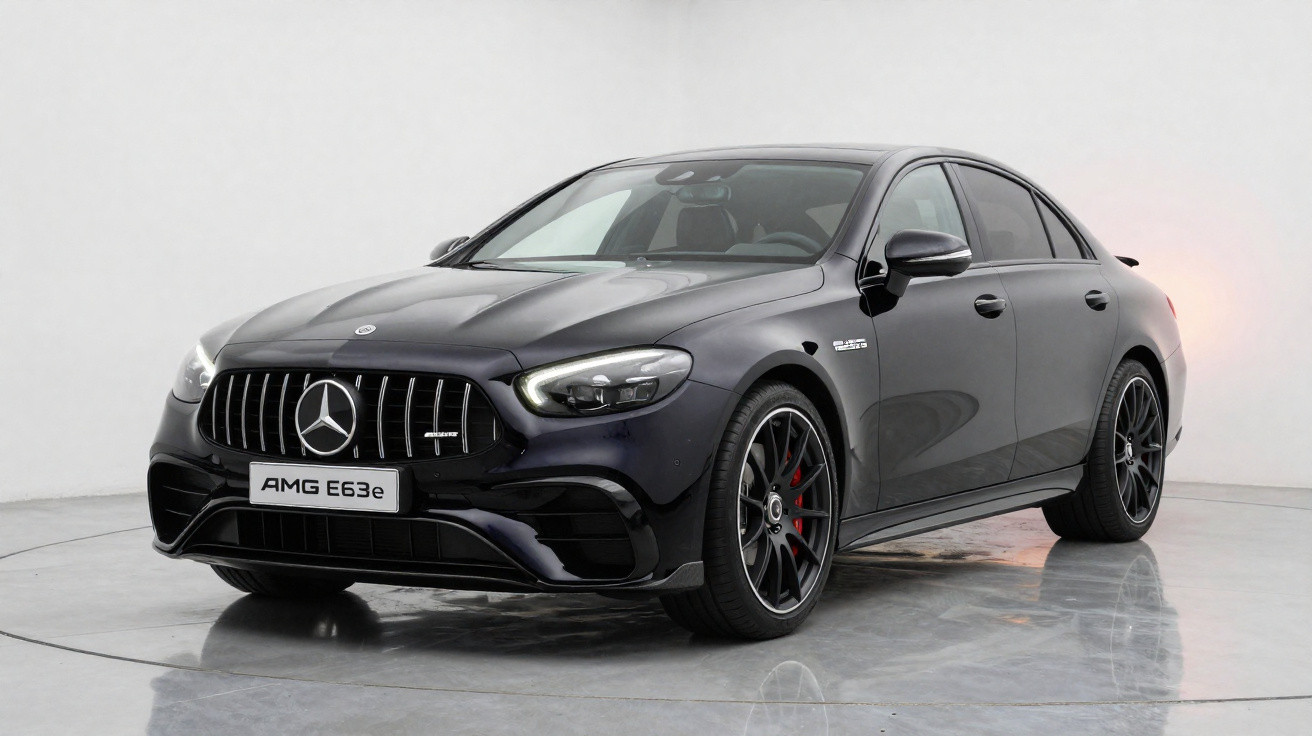 Carro Mercedes-Benz AMG E63e preto estacionado em chão cinzento com fundo branco.