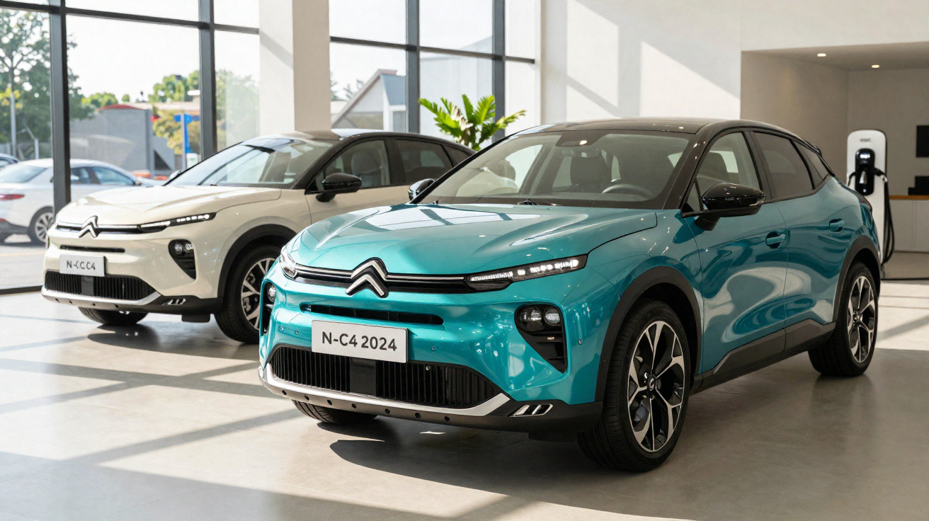 Dois carros Citroën N-C4 2024 em exposição numa sala iluminada com janelas grandes.