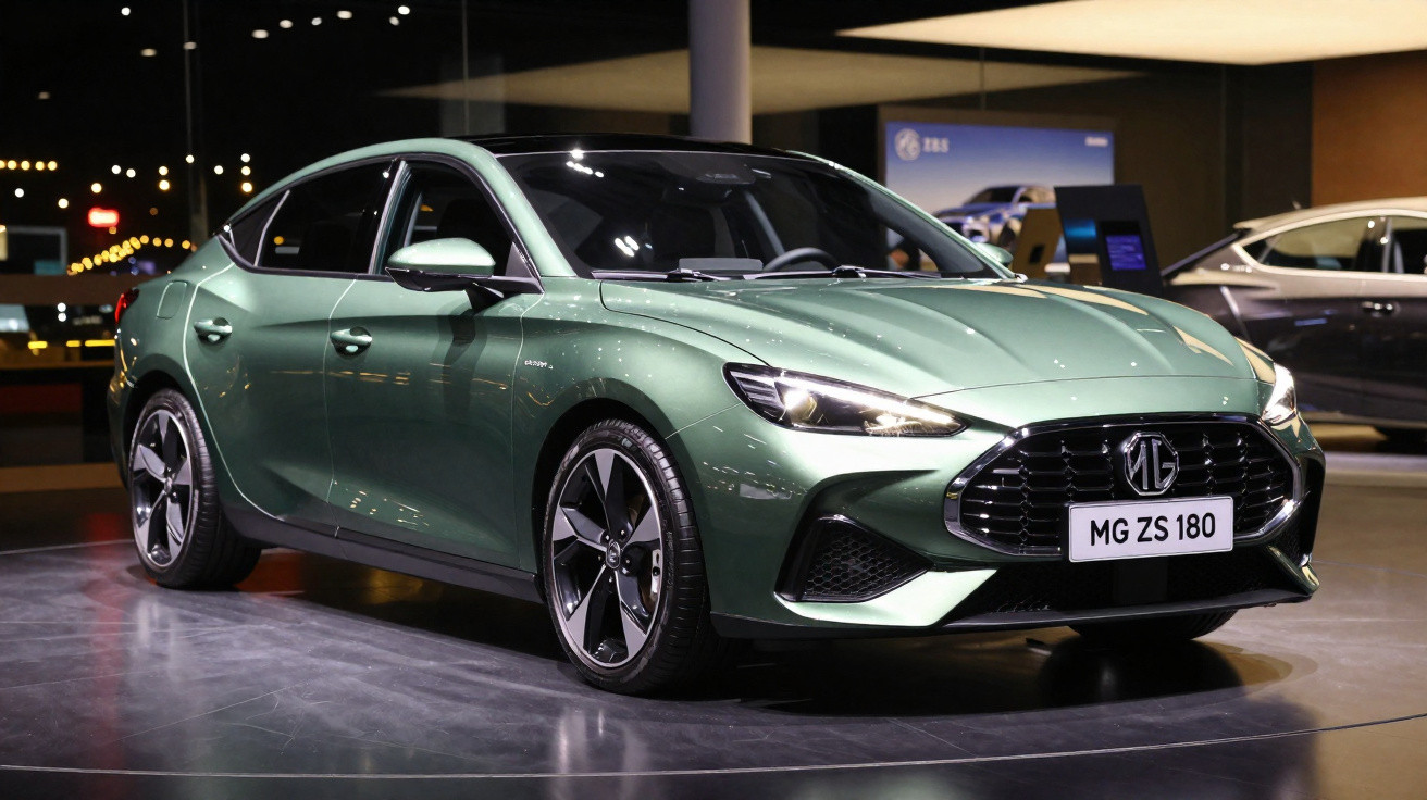 Carro MG ZS 180 verde exibido em salão automóvel com iluminação destacando detalhes exteriores.