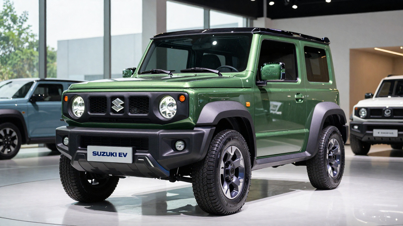 Carro elétrico Suzuki EV verde exposto em salão de automóveis com janelas amplas ao fundo.