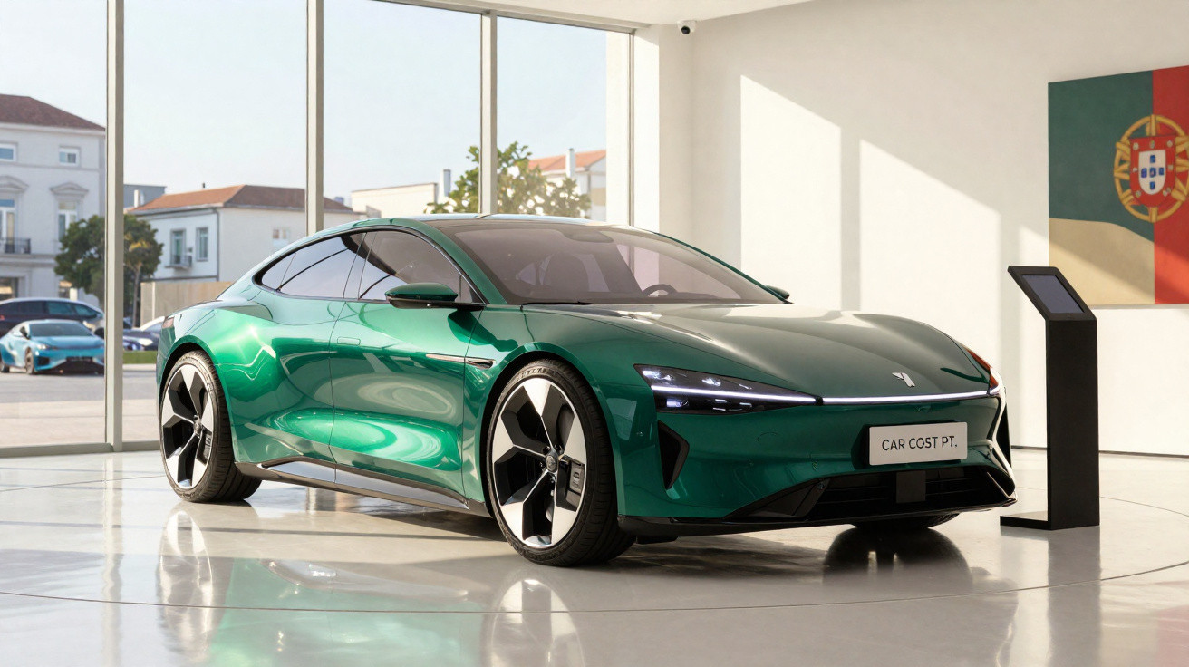 Carro desportivo elétrico verde, moderno, exposto em showroom com bandeira de Portugal na parede.