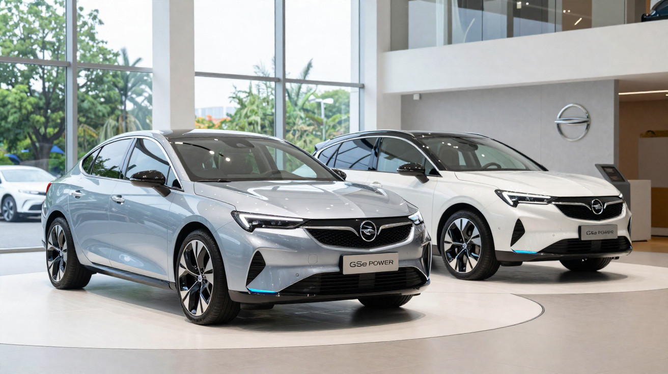 Dois carros elétricos Opel GSe Power expostos em showroom moderno com janelas amplas e iluminação natural.