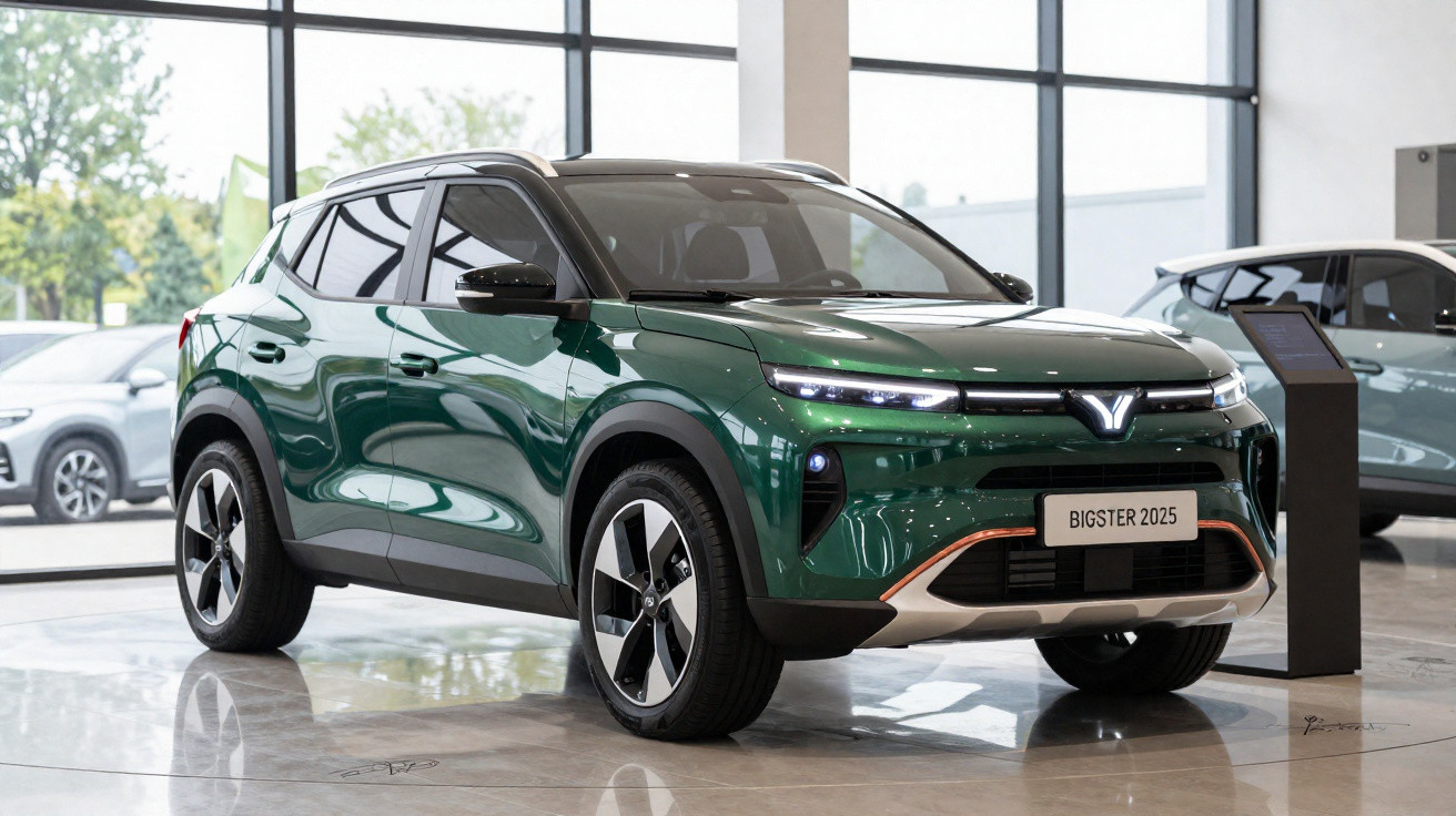 Carro SUV elétrico verde modelo Bigster 2025 numa exposição moderna com janelas amplas.