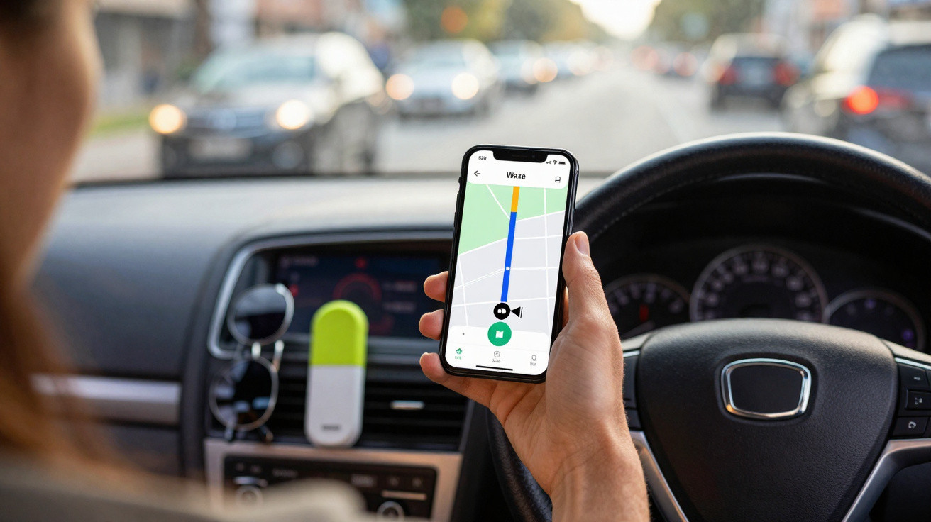 Pessoa a segurar telemóvel com aplicação de navegação dentro de carro em trânsito urbano.