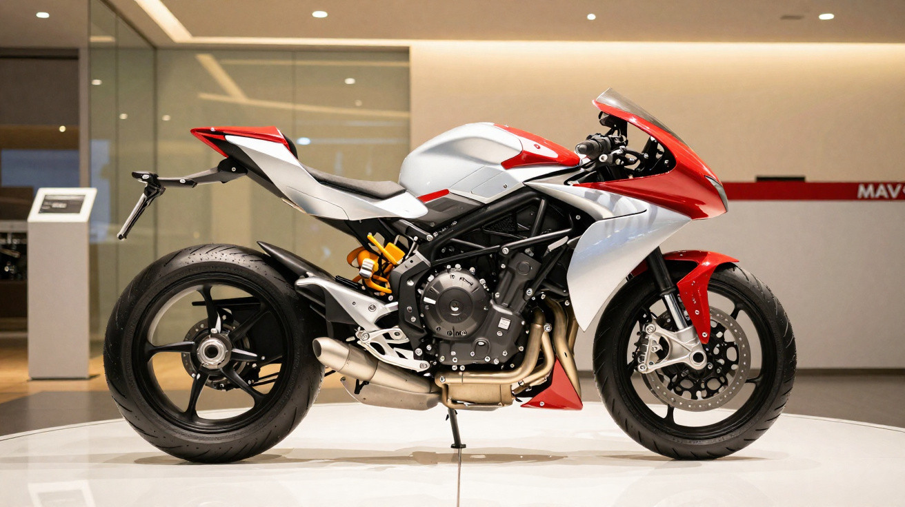 Motociclo desportivo vermelho e branco exposto num espaço interior moderno.