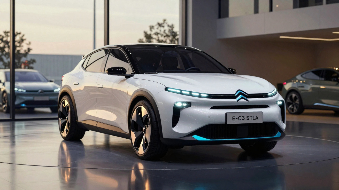 Carro elétrico Citroën E-C3 STLA branco estacionado num espaço interior moderno com iluminação suave.