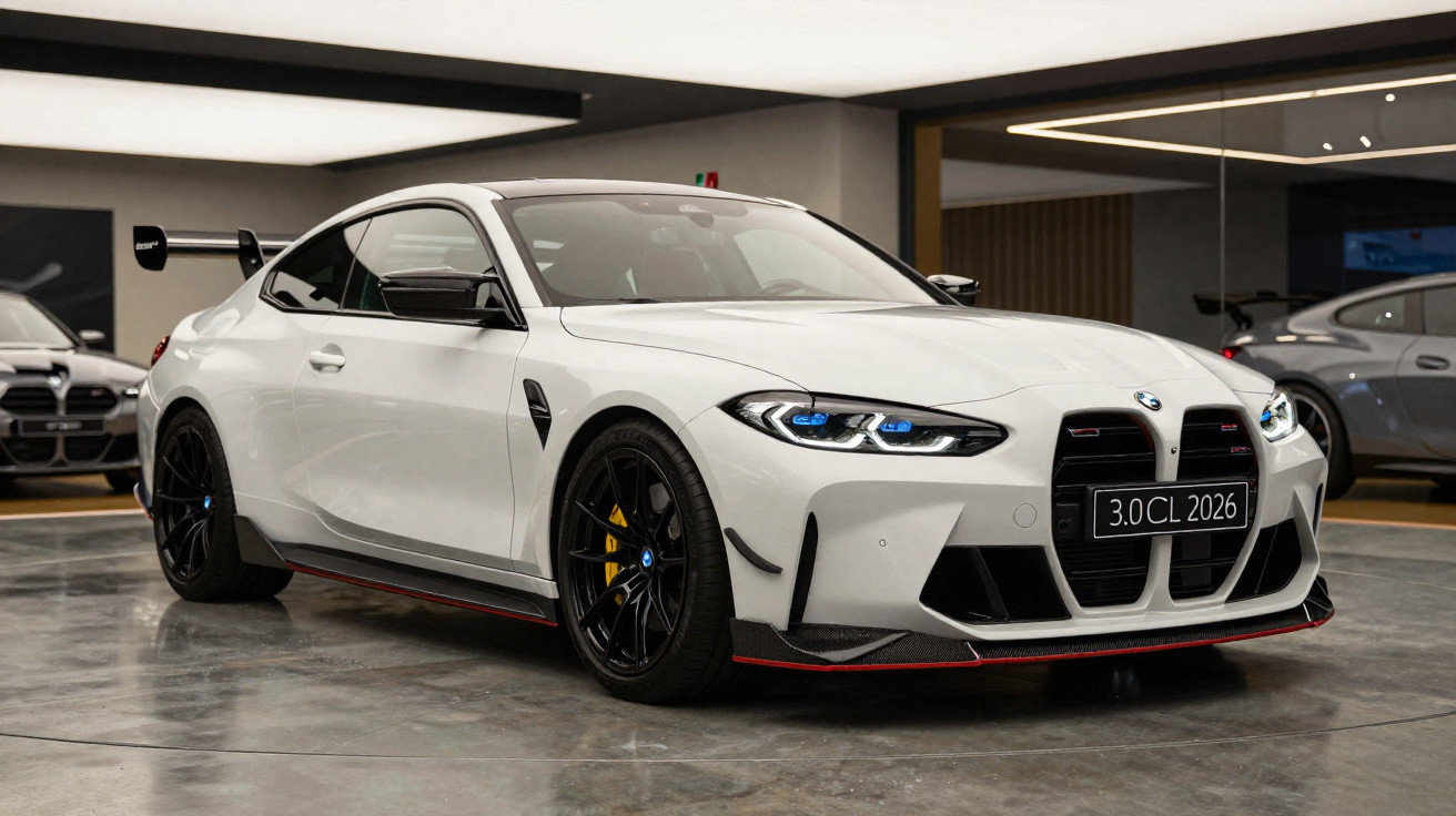 Carro desportivo BMW branco com jantes pretas e detalhes vermelhos numa garagem moderna.