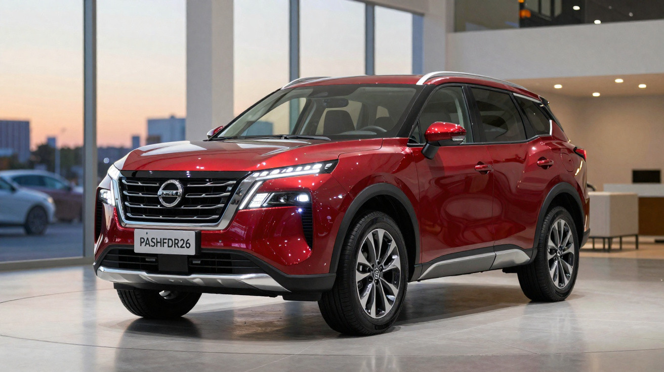 SUV Nissan vermelho estacionado em showroom moderno com grandes janelas ao entardecer.
