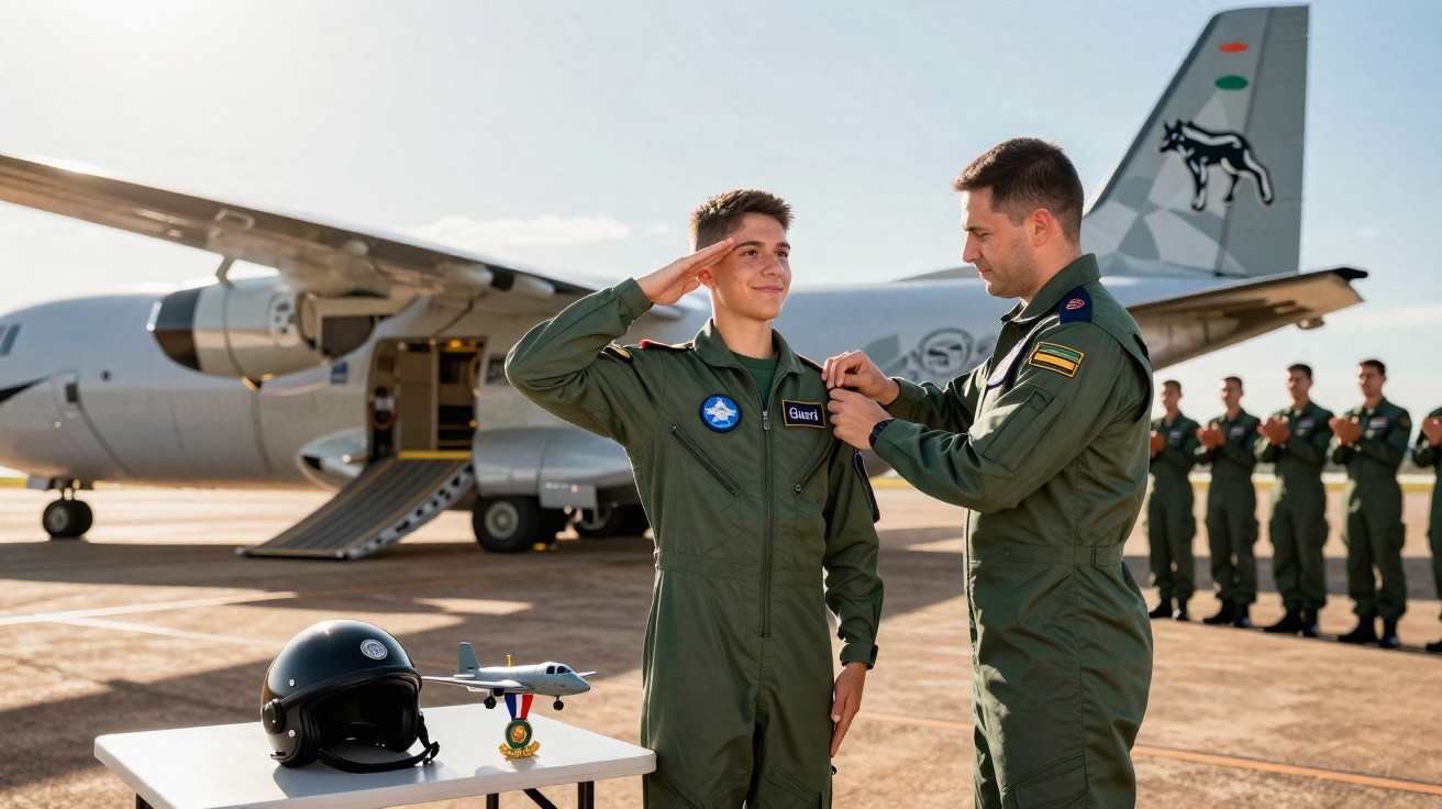 Cerimónia militar com jovem a ser condecorado por oficial junto a avião e grupo de militares em formação.