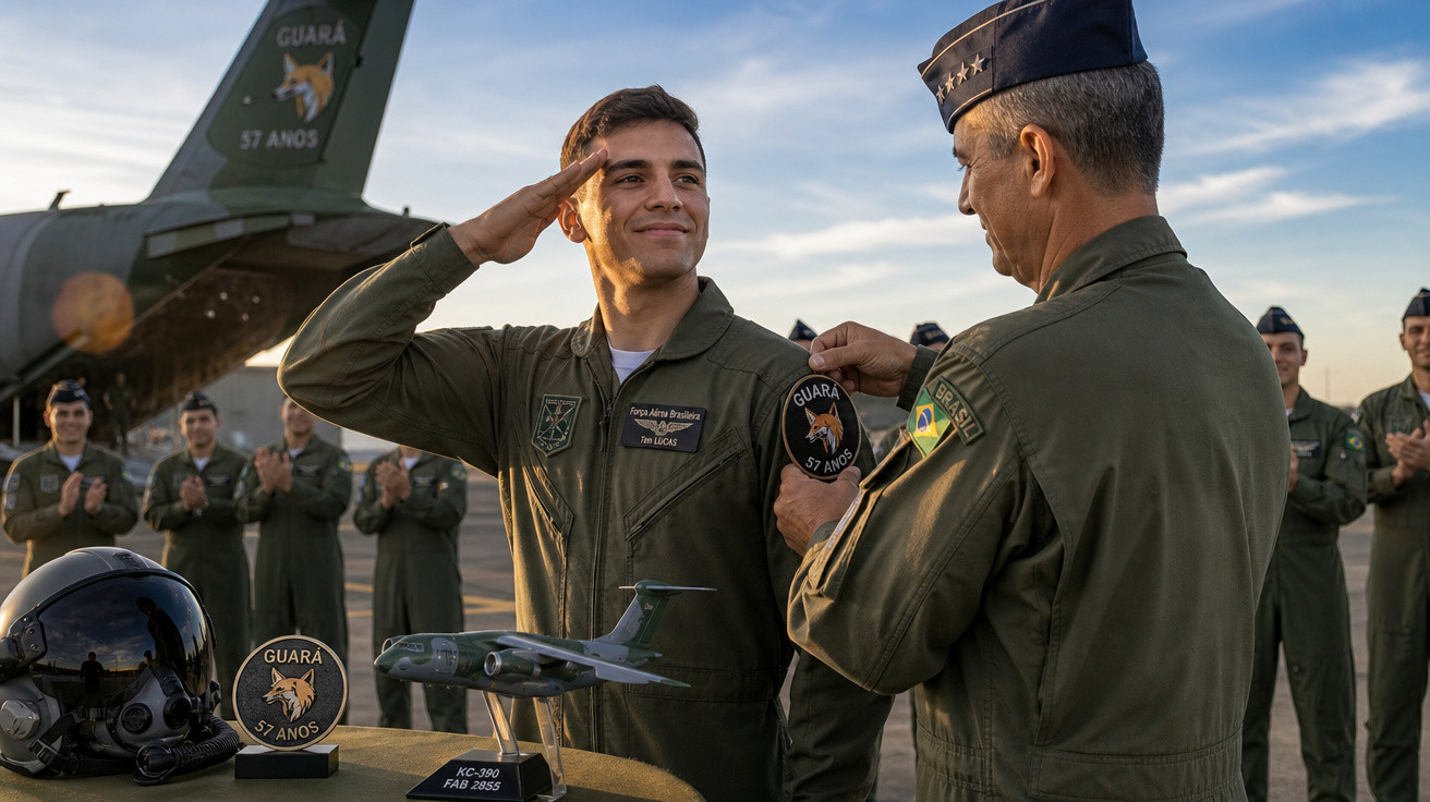 Militares da Força Aérea Brasileira celebram 57 anos do esquadrão Guará com condecoração e aplausos.