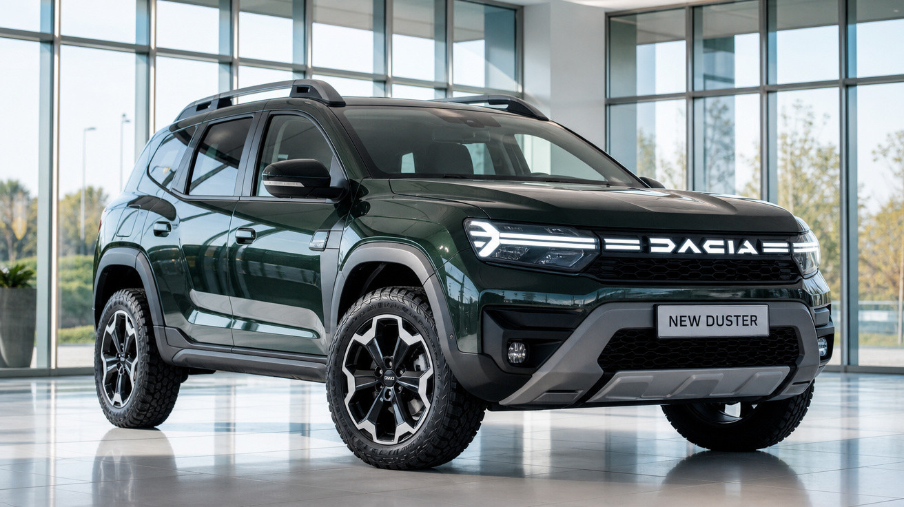 SUV Dacia New Duster verde escuro com luzes LED, estacionado em salão moderno com janelas grandes.