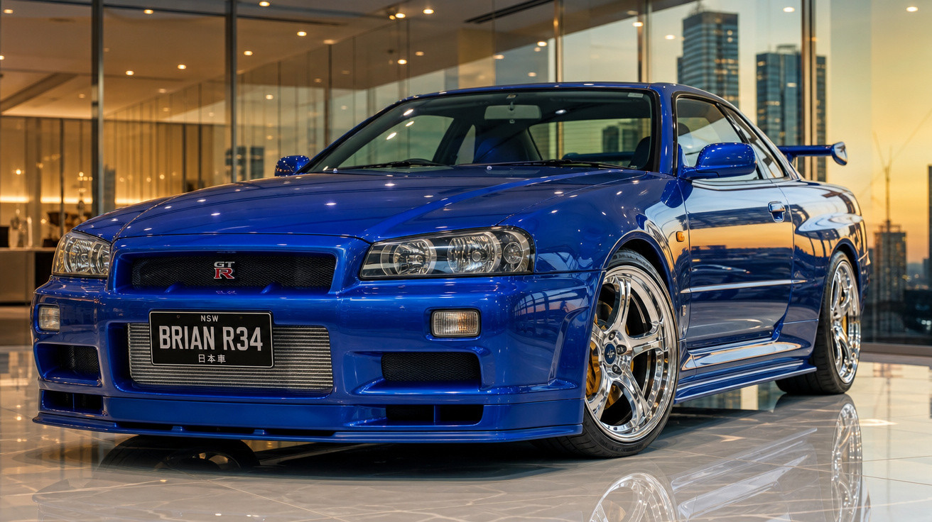 Carro desportivo azul Nissan Skyline GT-R R34 estacionado em salão moderno com vidro e arranha-céus.
