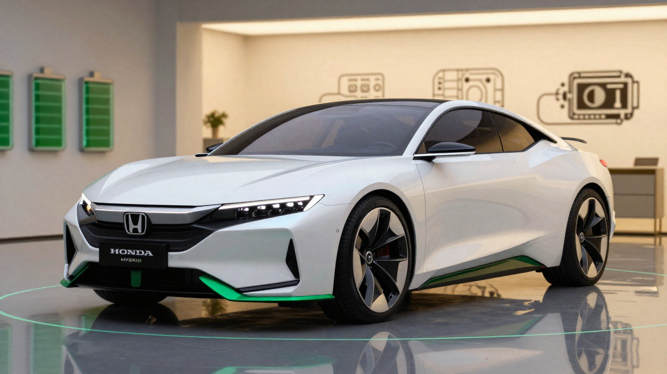 Carro desportivo elétrico branco Honda em exposição interior com detalhes verdes e jantes aerodinâmicas.