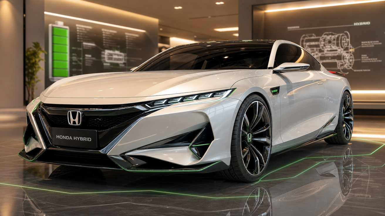 Carro desportivo branco Honda Hybrid com design futurista exposto em salão moderno.