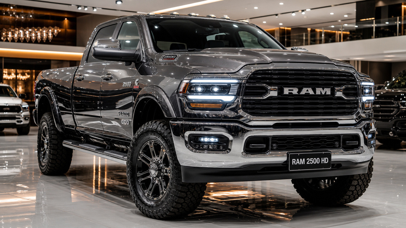 Pickup RAM 2500 HD cinza metálico, em exposição num salão automóvel moderno e iluminado.