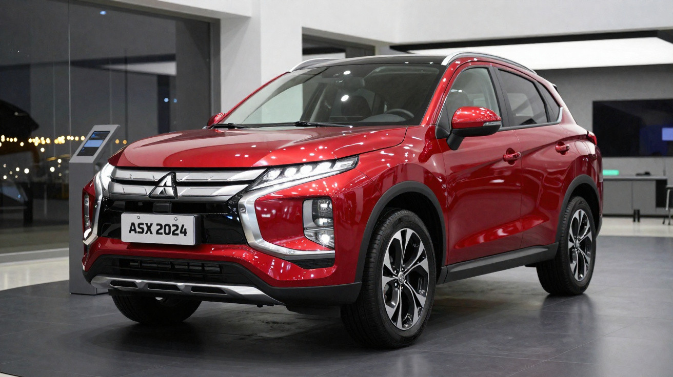 Carro SUV Mitsubishi ASX 2024 vermelho exibido em salão de automóveis moderno.