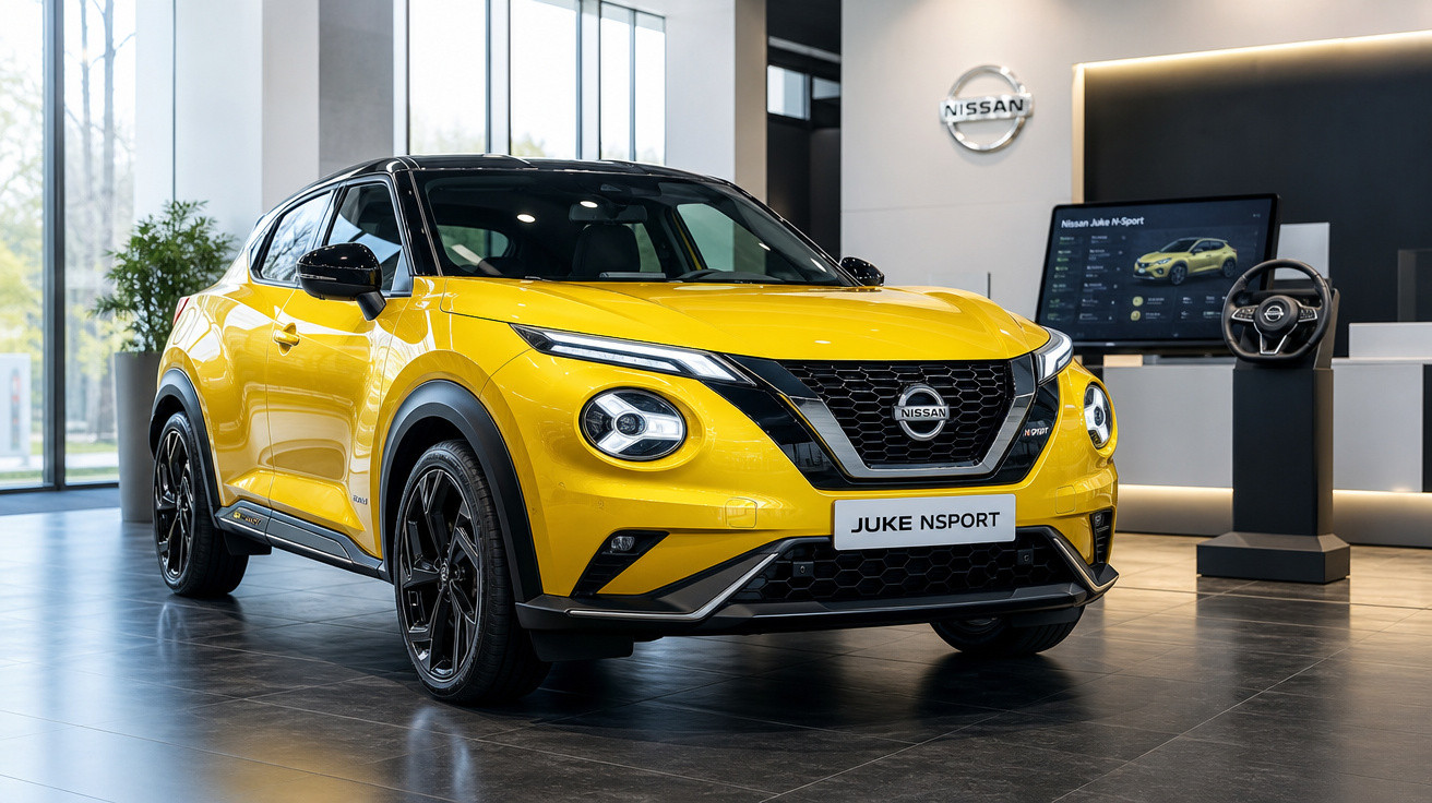 Carro Nissan Juke NSport amarelo exposto numa sala de mostra moderna com painéis digitais ao fundo.