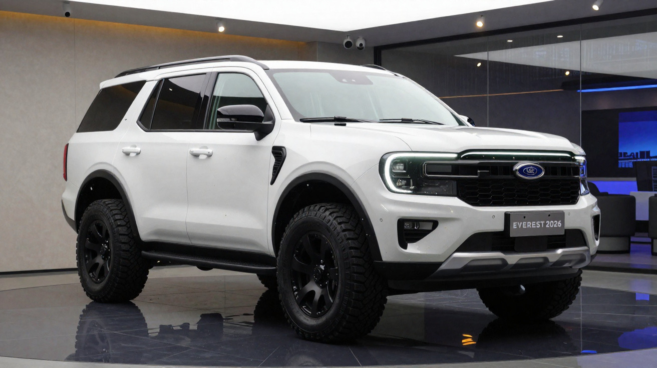 SUV Ford Everest 2026 branco em exposição, com pneus robustos e design moderno.