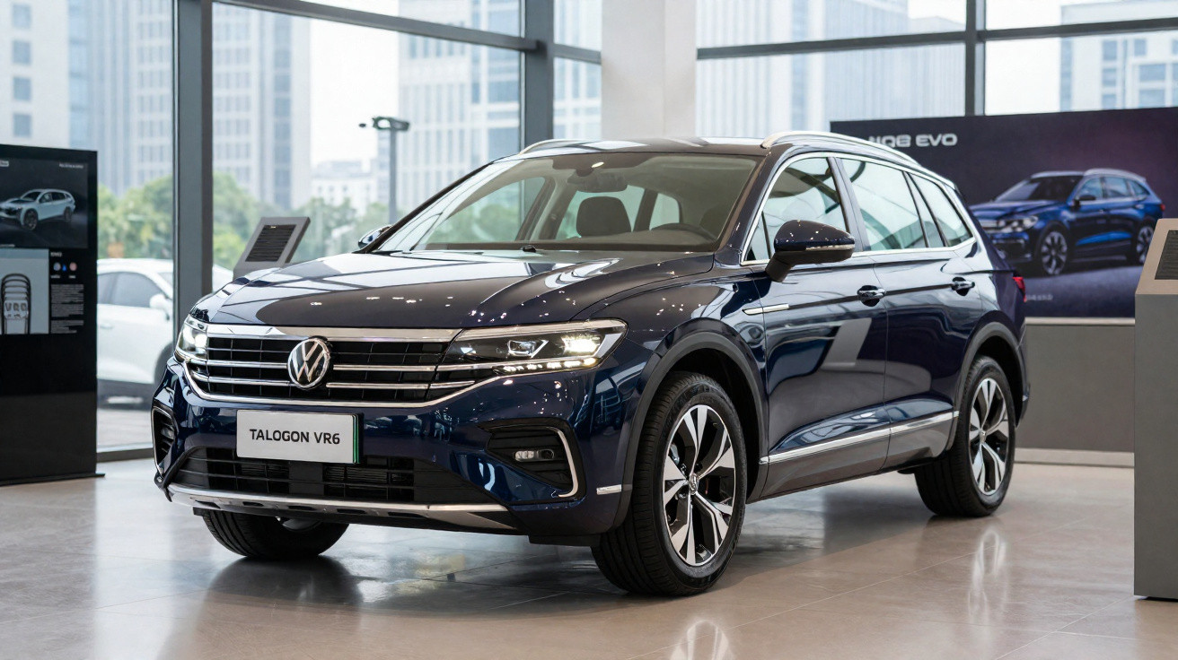 Veículo Volkswagen Talogon VR6 azul escuro em exposição num salão com janelas grandes e edifícios ao fundo.