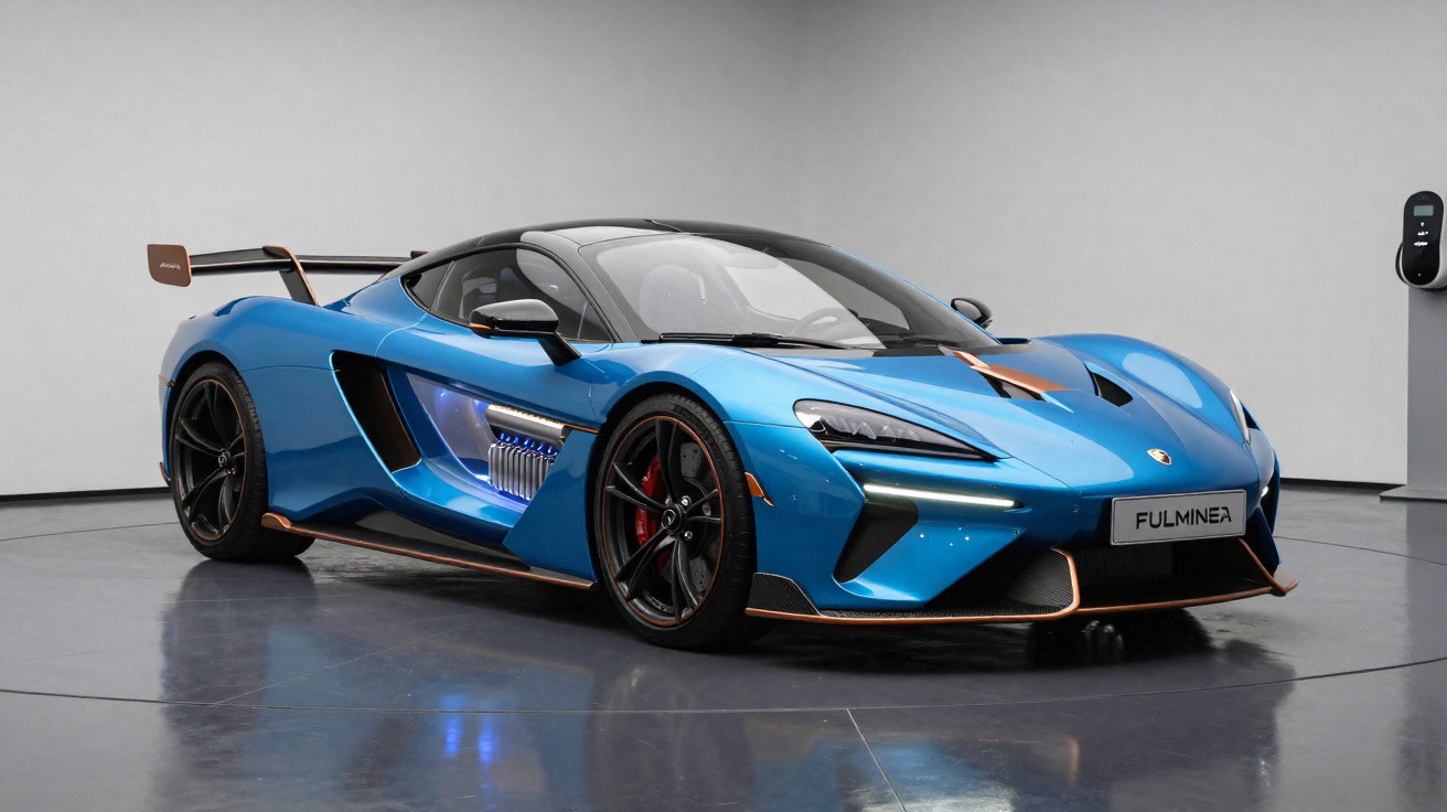 Carro desportivo azul Fulminea elétrico com linhas aerodinâmicas exposto em sala branca.