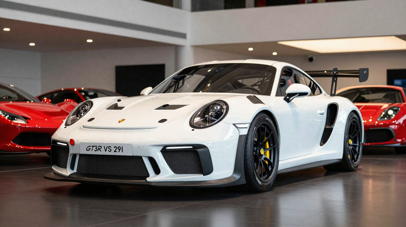 Carro desportivo Porsche 911 GT3 RS branco em exposição num showroom com outros carros ao fundo.