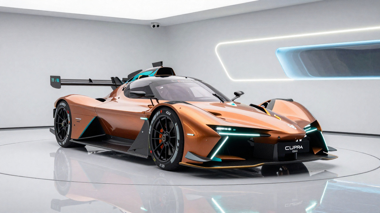 Carro desportivo elétrico Cupra Bronze, com design futurista e luzes LED num espaço moderno branco.