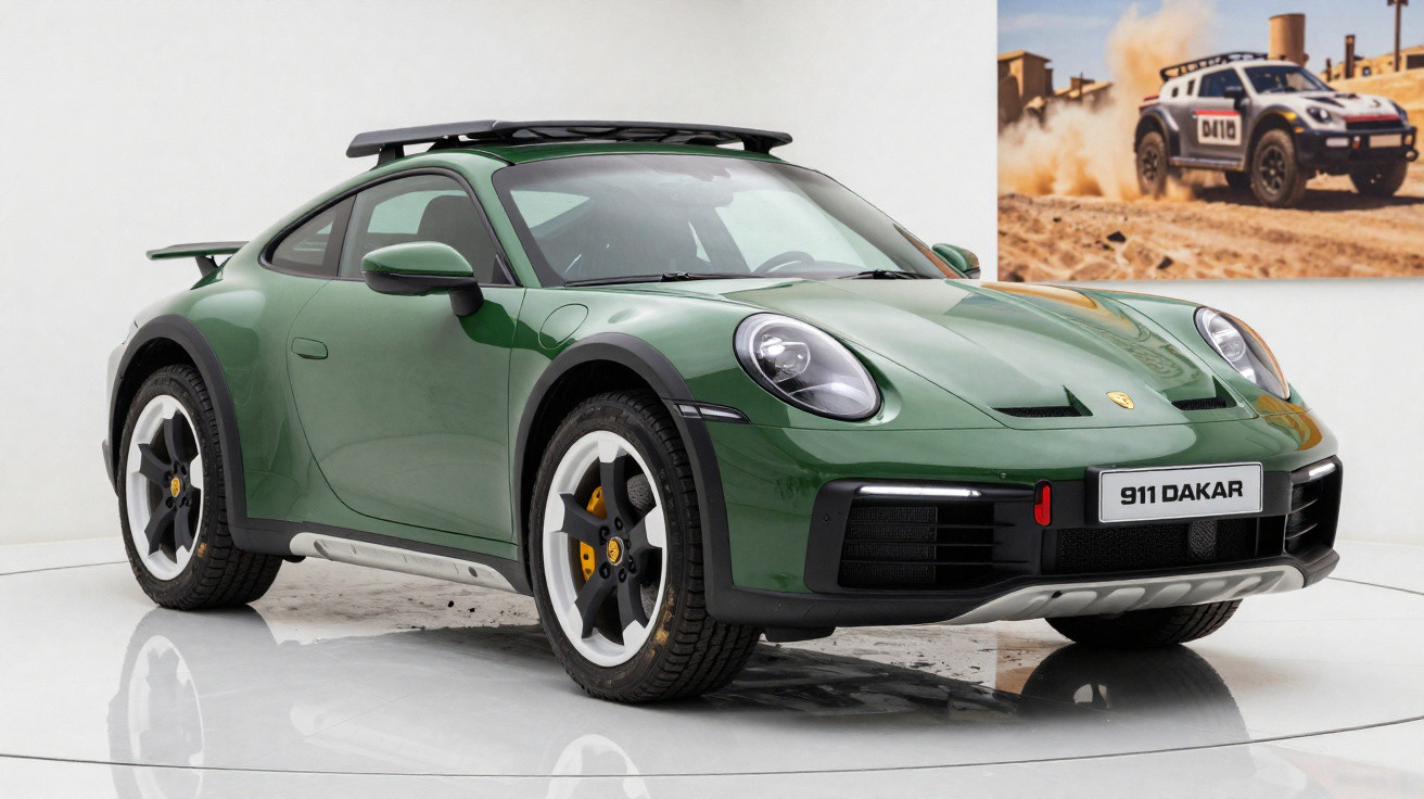 Automóvel Porsche 911 Dakar verde em estúdio, com imagem menor de carro em corrida de rali no canto superior direito.