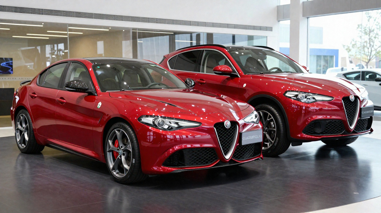 Dois carros vermelhos Alfa Romeo expostos num salão automóvel moderno, um sedan e um SUV.
