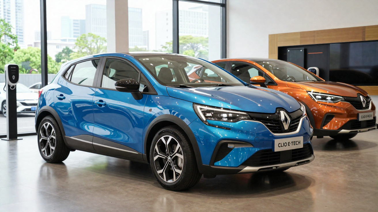 Dois carros Renault Clio E-Tech, um azul e outro laranja, expostos numa sala com janelas grandes.