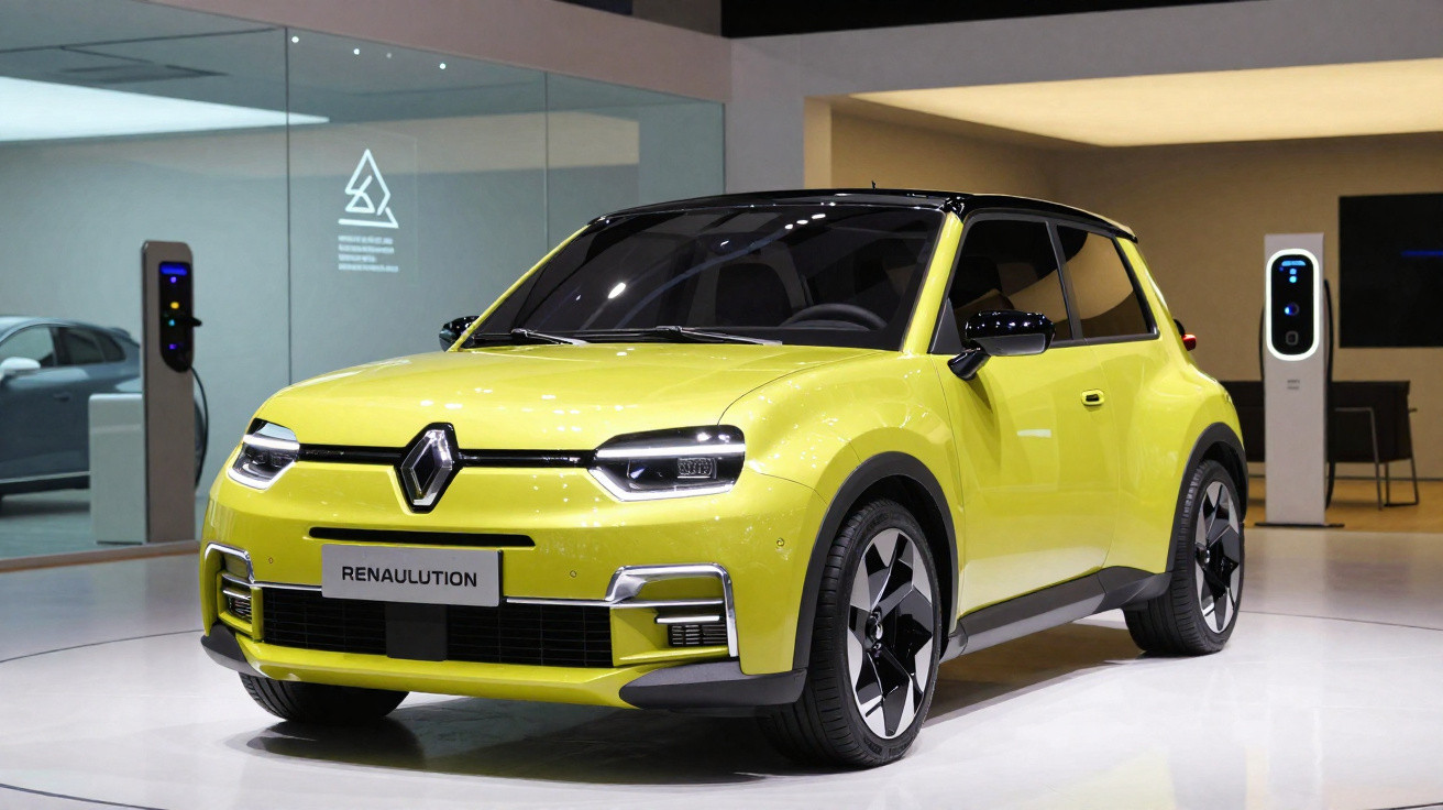Carro elétrico Renault amarelo em exposição num salão, com duas estações de carregamento visíveis ao fundo.