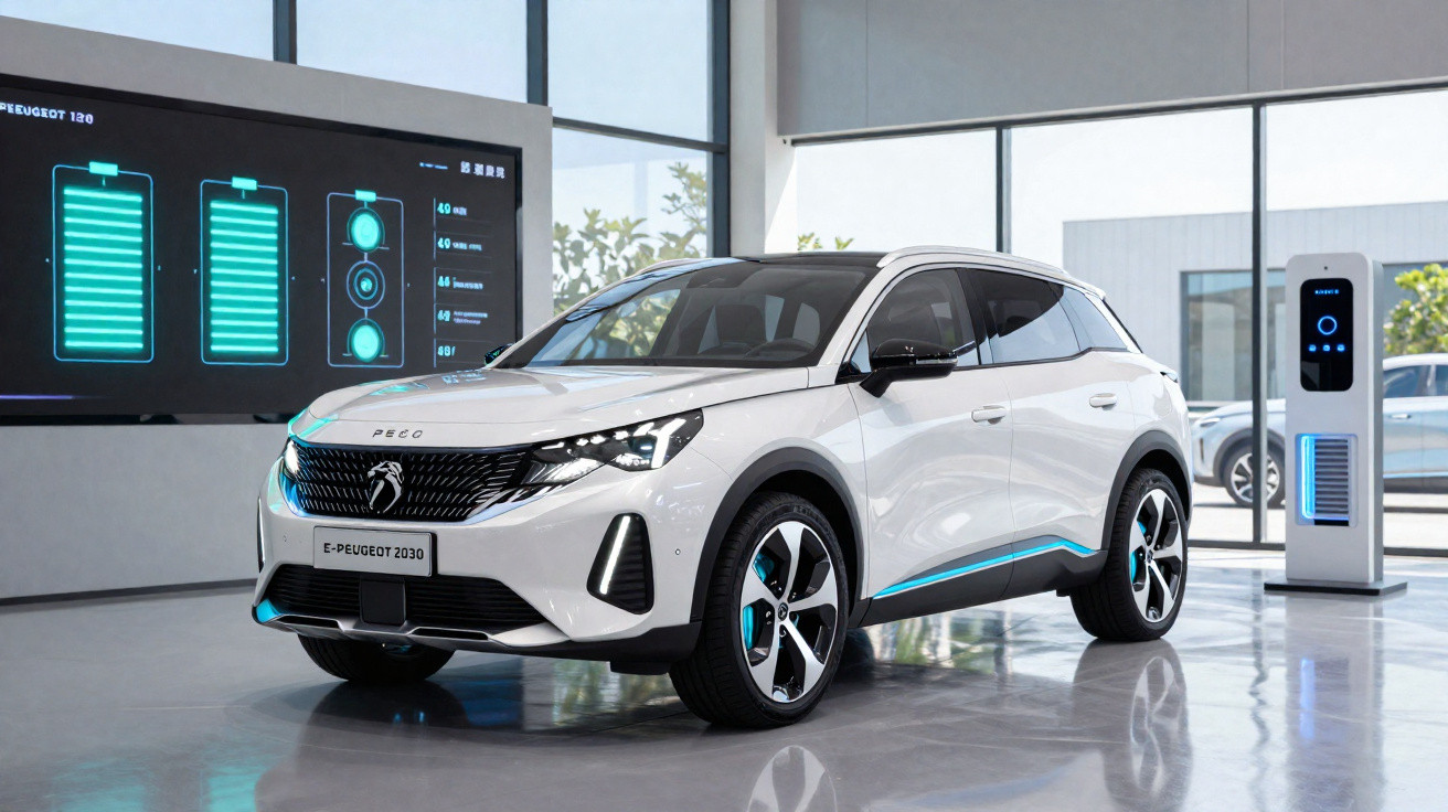 Carro elétrico branco Peugeot E-2030 numa sala moderna com ecrã digital e posto de carregamento.