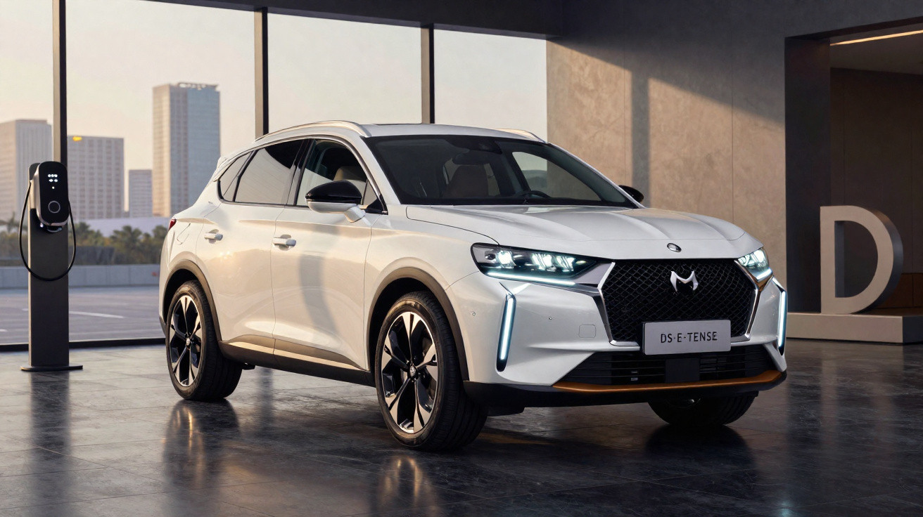 Carro elétrico DS E-Tense branco estacionado em interior moderno com carregador e janelas grandes.