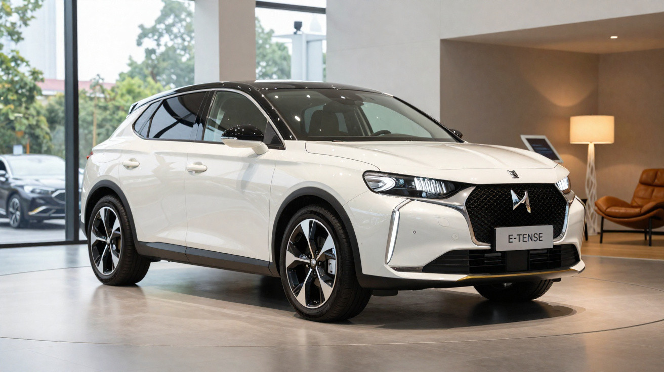 Automóvel elétrico DS E-Tense branco em exposição numa sala moderna com luz natural.
