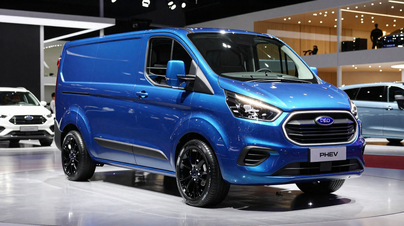 Carrinha comercial azul metálico em exposição num salão automóvel com iluminação interior.