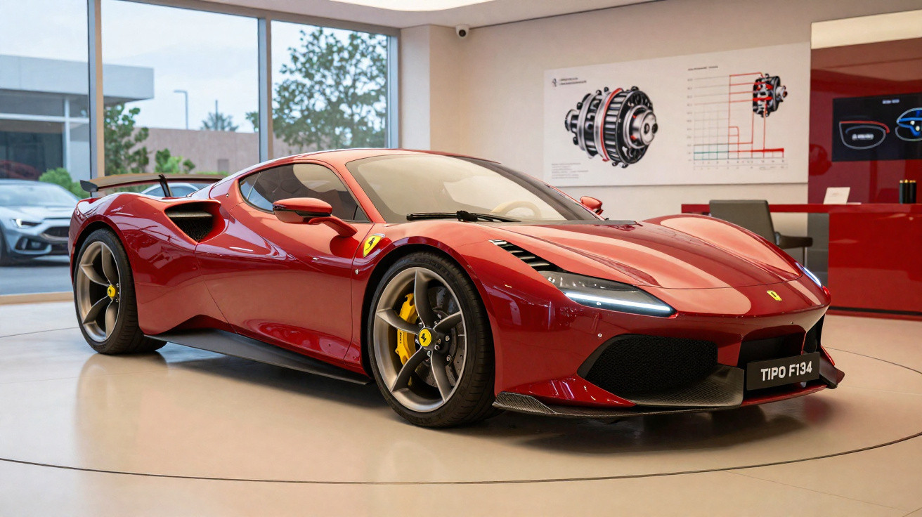 Carro desportivo Ferrari vermelho modelo Tipo F134 exibido em showroom moderno com jantes cinza e travões amarelos.