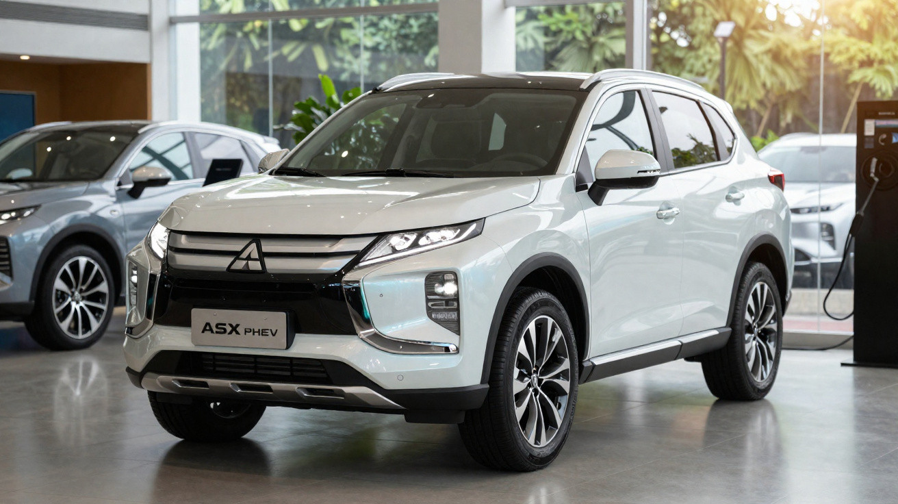 Carro SUV branco Mitsubishi ASX PHEV em exposição numa sala com grandes janelas e outro carro ao lado.