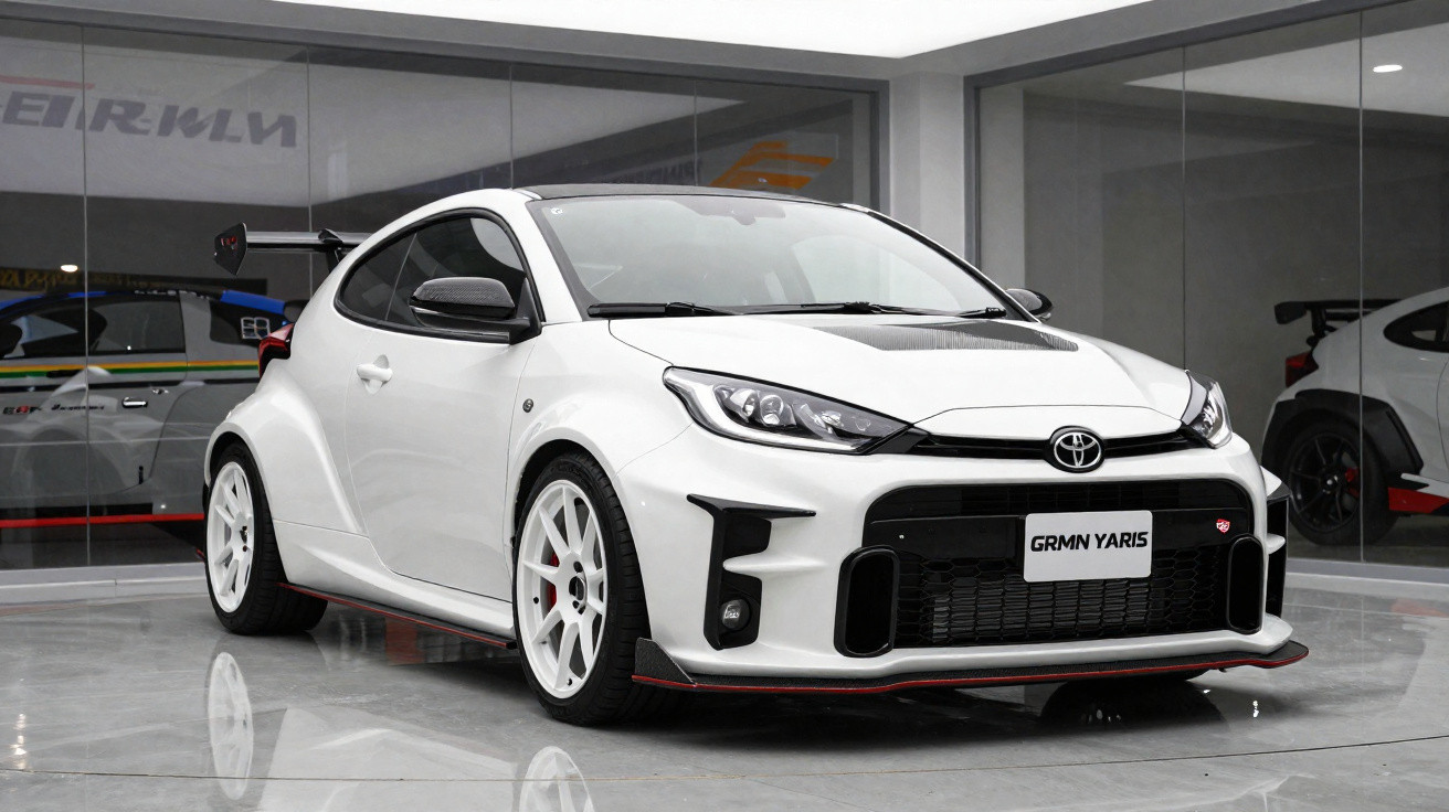 Carro desportivo Toyota GRMN Yaris branco estacionado em interior com reflexos no chão polido.