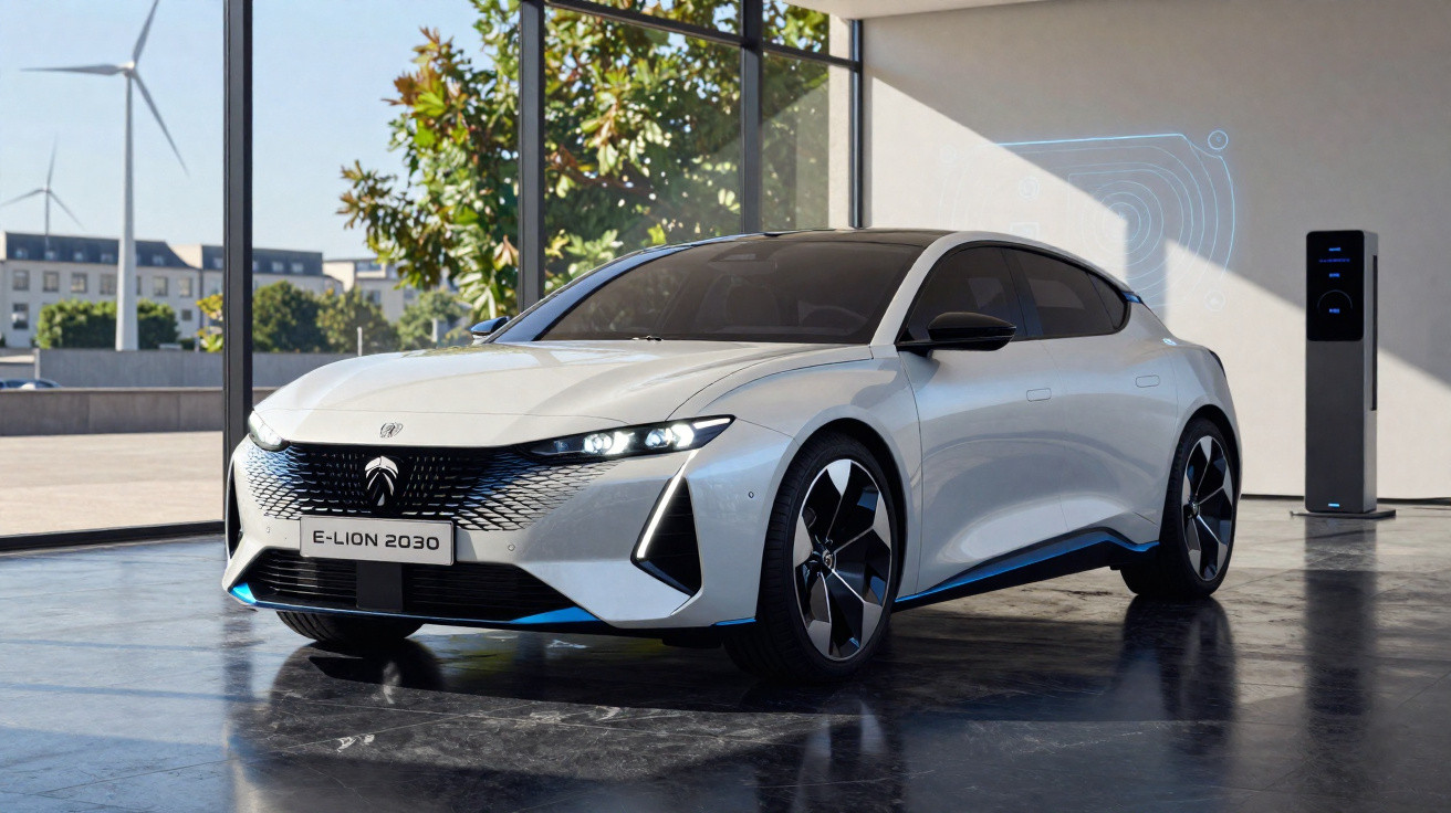 Carro elétrico branco Peugeot E-Lion 2030 estacionado junto a posto de carregamento interior moderno.