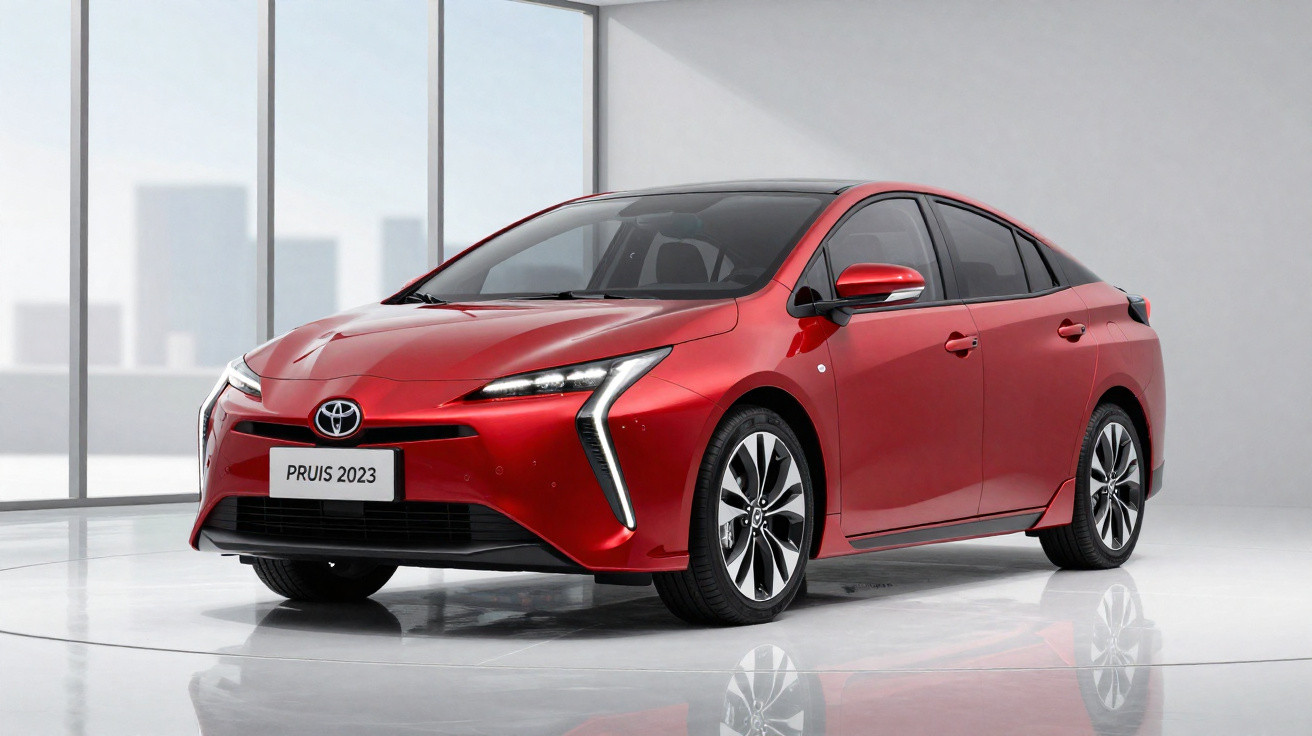 Carro Toyota Prius 2023 vermelho exposto em ambiente interior moderno e minimalista.