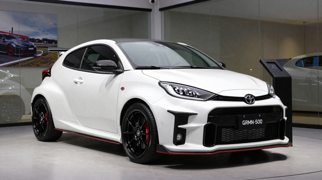 Carro desportivo branco Toyota GRMN-500 estacionado em showroom com jantes pretas e detalhes vermelhos.