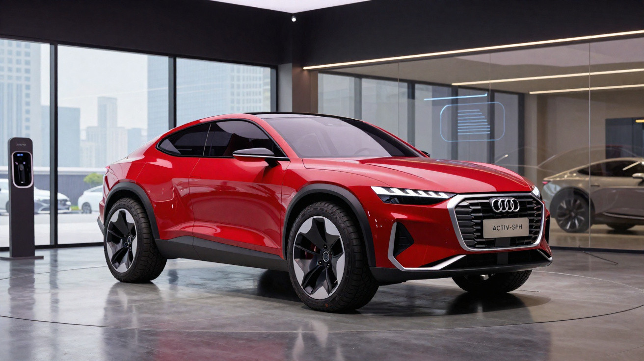 Carro elétrico Audi vermelho estacionado numa sala moderna com grandes janelas e carregador de veículos.