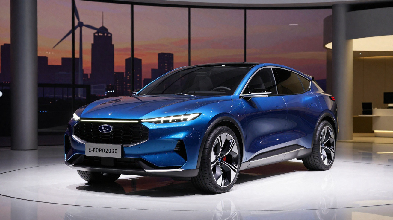 Carro elétrico azul Ford E-Ford2030 exposto em ambiente moderno com vidros e skyline ao pôr do sol.