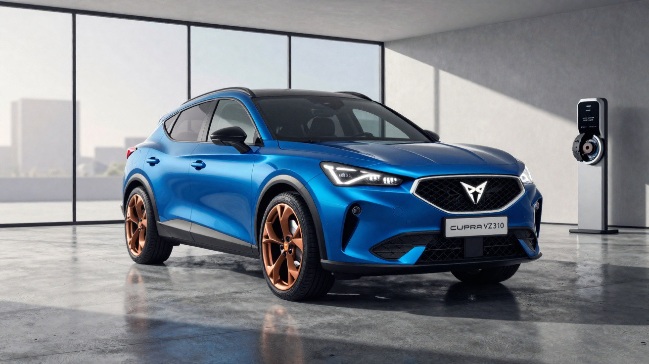 Carro SUV elétrico azul Cupra VZ310 estacionado em garagem minimalista com estação de carregamento.